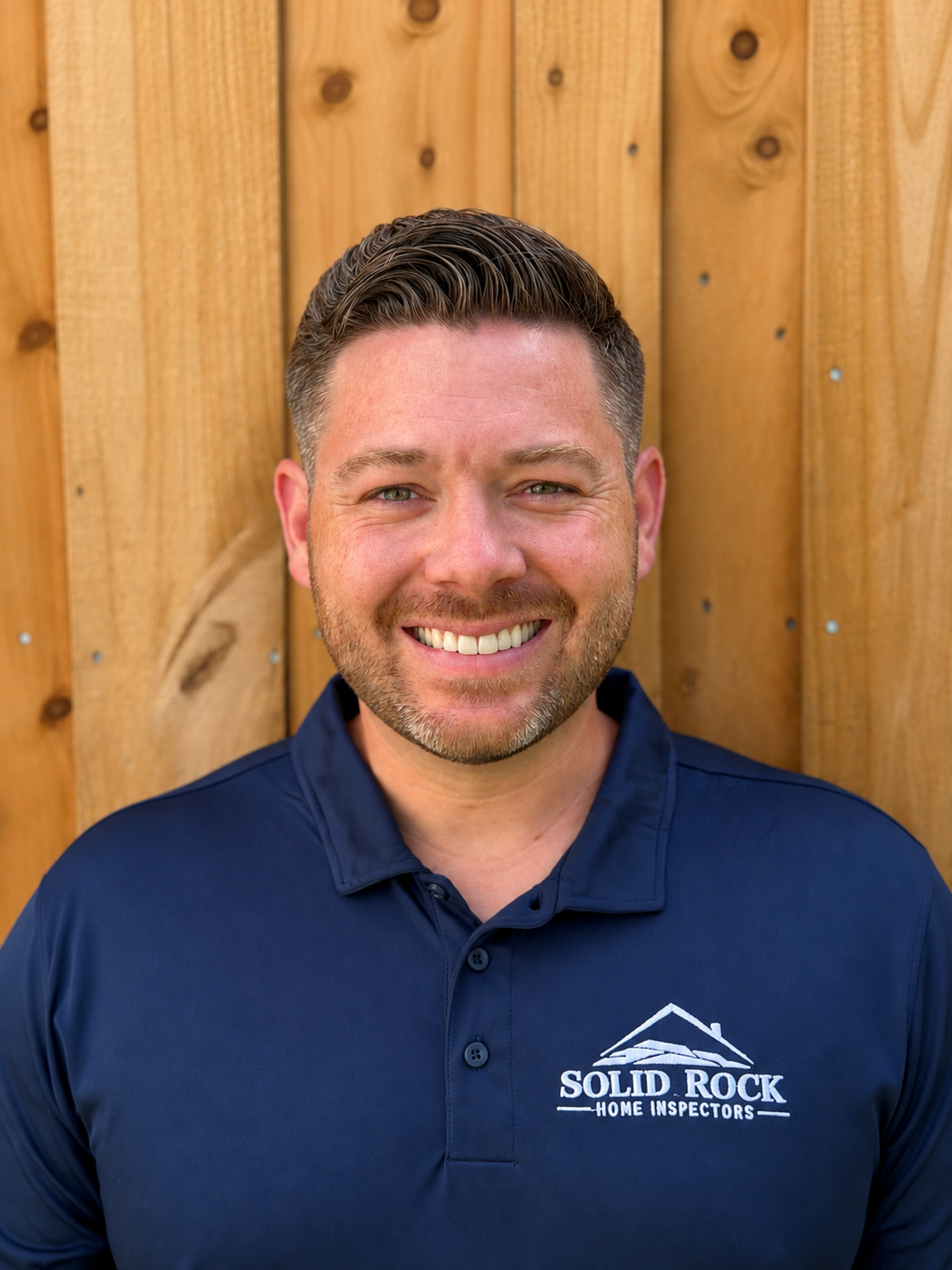 Robert Reddy, owner and inspector at Solid Rock Home Inspectors, in a Solid Rock polo in front of a cedar fence